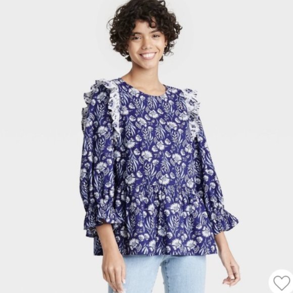 Universal Thread | Tops | Universal Thread Blue Floral Print Puff 34 ...